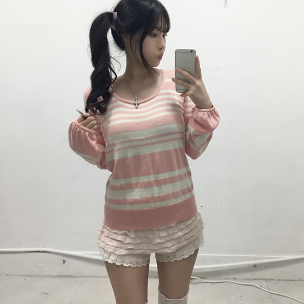 [GLACIER] 로걀 핑크 리본 스트라이프 니트