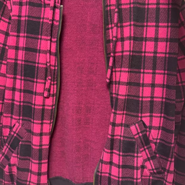 핑크 검정 체크 후드집업 