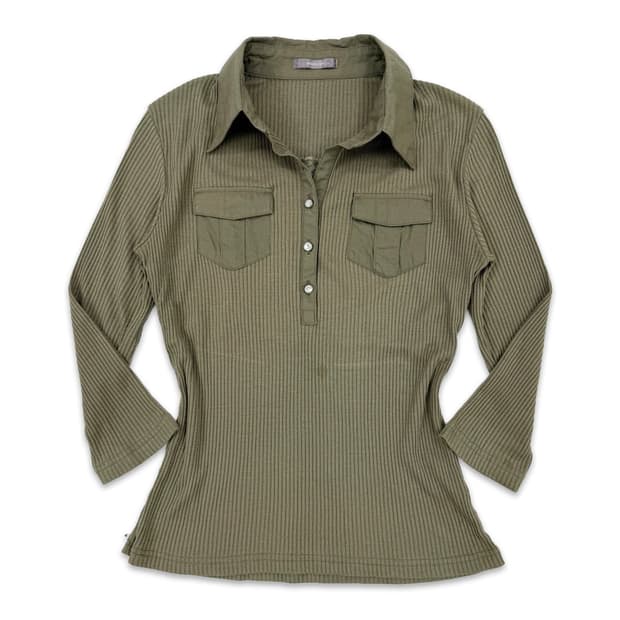 빈티지 associer 카키 포켓 라인 하프단추 긴팔티