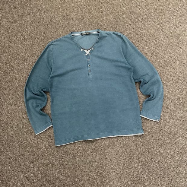 L)Steel vintage 블루 네이비 와플 헨리넥 롱슬리브