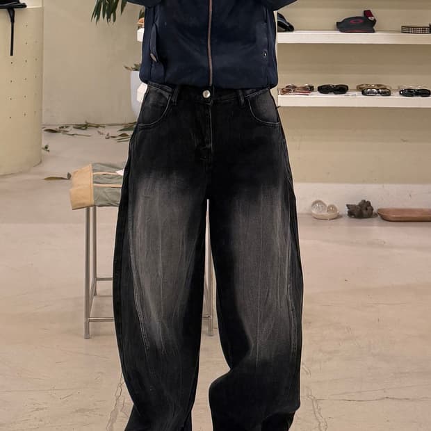 그레이 워싱 데님 벌룬 팬츠 U553