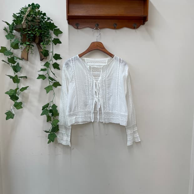 여리 페어리 모리 화이트 코튼 레이스 아일릿 크롭 블라우스