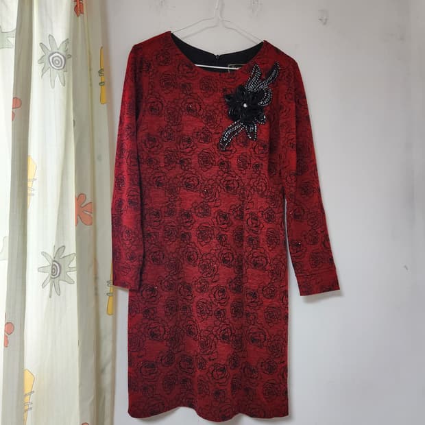 빈티지 빨간색 장미 패턴 미디 원피스 66