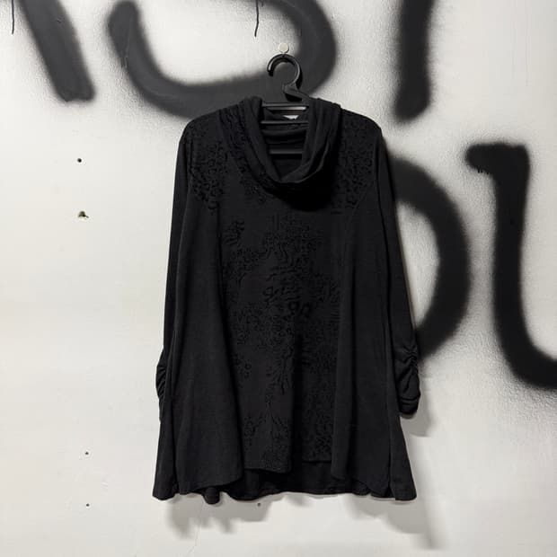 VTG 빈티지 레오파드 패턴 딥 터틀넥 셔링 러플 언발 니트