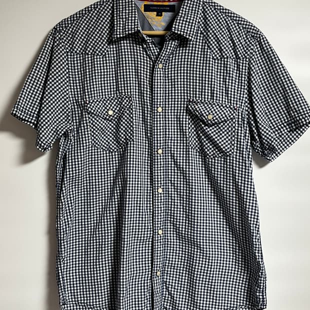 공용 타미힐피거 잔체크 반소매 셔츠 반팔 남방 M