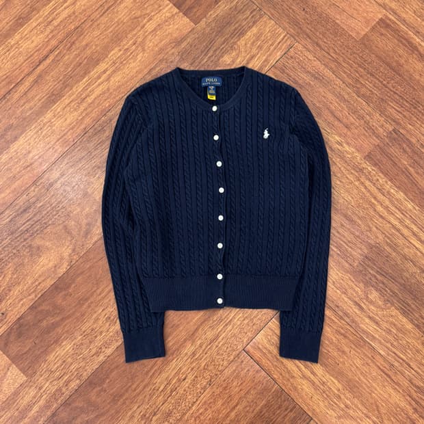 여성용 M 폴로 랄프로렌 미니 케이블 네이비 니트 가디건 