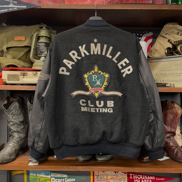 90s 파크 밀러 빅 자수 패치 레더 암 바시티 자켓