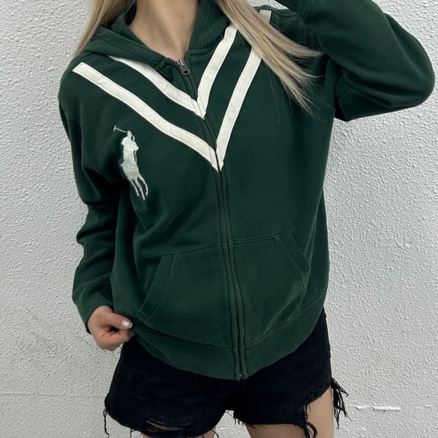 폴로 랄프로렌 화이트 빅포니 그린 하이스쿨 후드집업 L