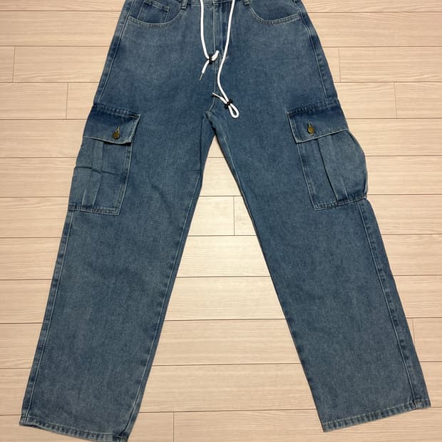 데님 카고 팬츠 / 스트링 디테일 와이드핏 청바지 / 29