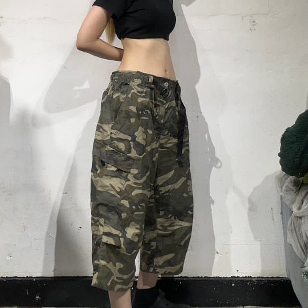 일본 빈티지 카키 카모 와이드 카고 팬츠 L