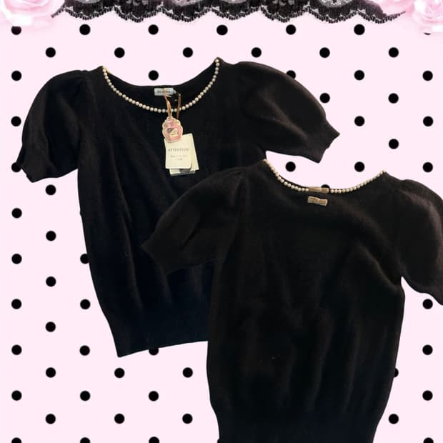 갸루 러블리 진주넥 리본 반팔 블랙 니트