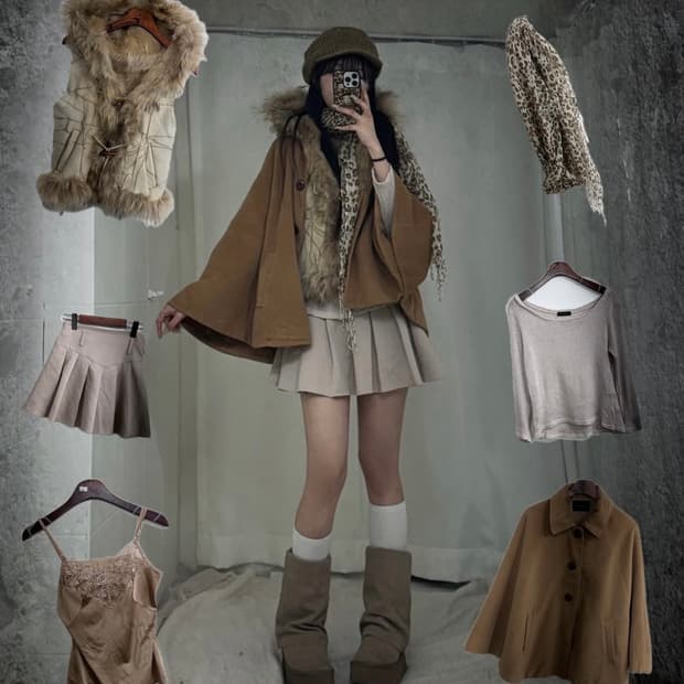 브라운 그런지 빈티지 후드 퍼 베스트 코디세트 