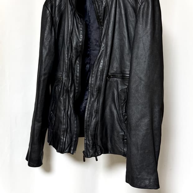 우영미 더블레이어 2zip 램스킨 후드 라이더자켓