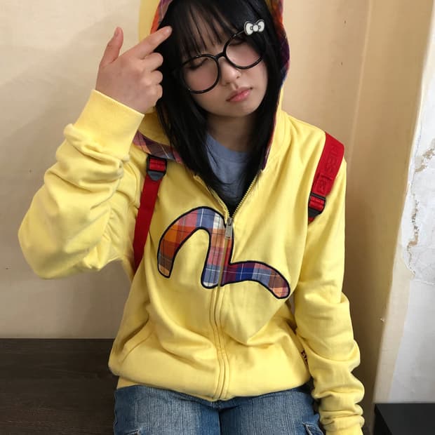 M EVISU 에비수 진스 체크 포인트 빅로고 후드집업