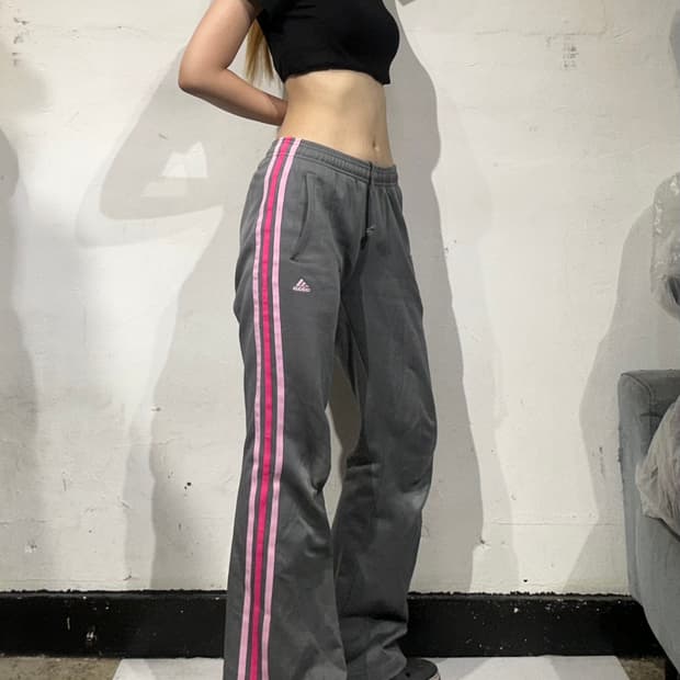 아디다스 그레이 핑크 삼선 와이드 팬츠 S