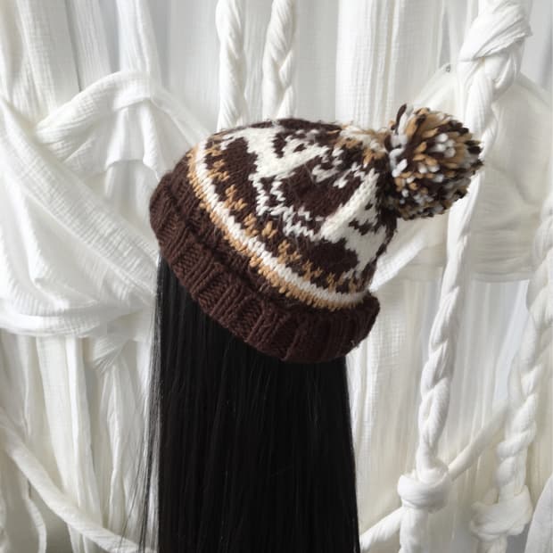 nordic pattern pom knit beanie