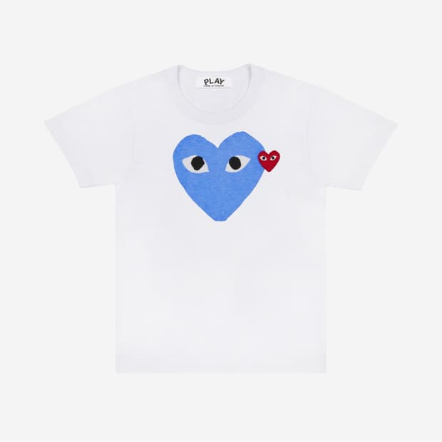 플레이 꼼데가르송 레드 하트 프린트 블루 하트 티셔츠 화이트 XL