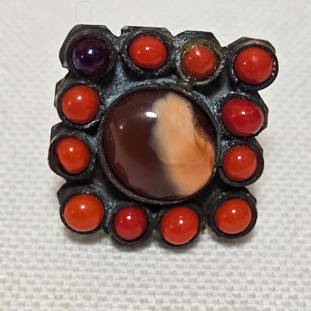 빈티지 마노 & 산호·자수정 포인트 아트 링 │ 레트로 핸드메이드 감성