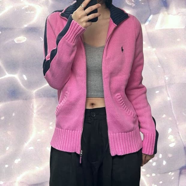 폴로 랄프로렌 사이드 라인 니트 집업 핑크 