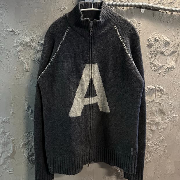 L 아르마니익스체인지 ARMANI 빅로고 집업 니트 램스울 차콜