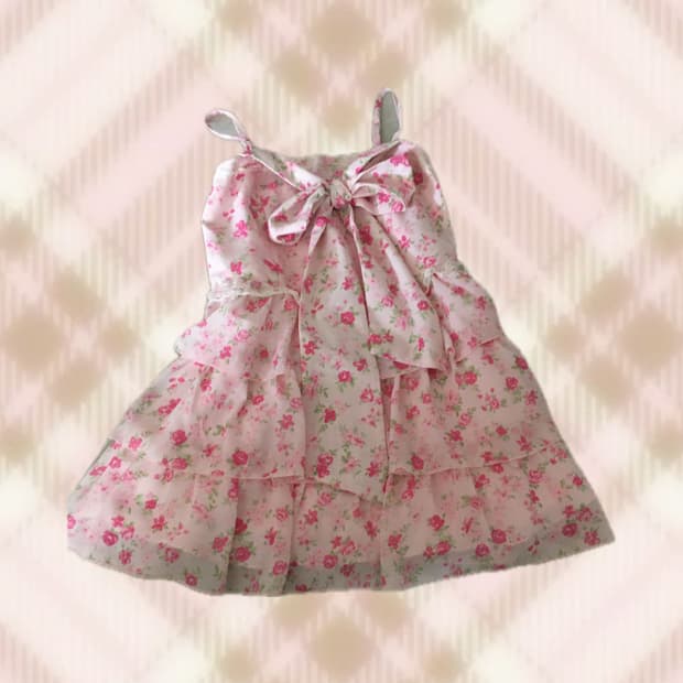 핑크 플로럴 리본 프릴 캉캉 원피스 라떼 히메 갸루 러블리 로걀 빈티지