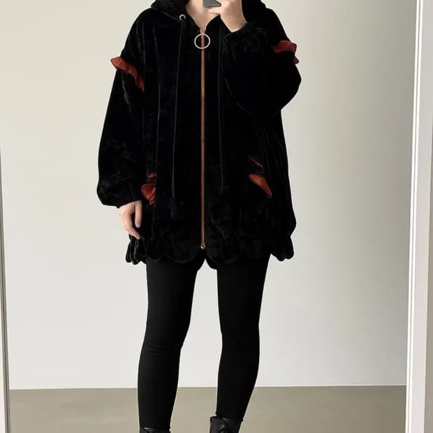 LUCKY CHOUETTE 벨벳 후드 집업 자켓 / 블랙빈티지