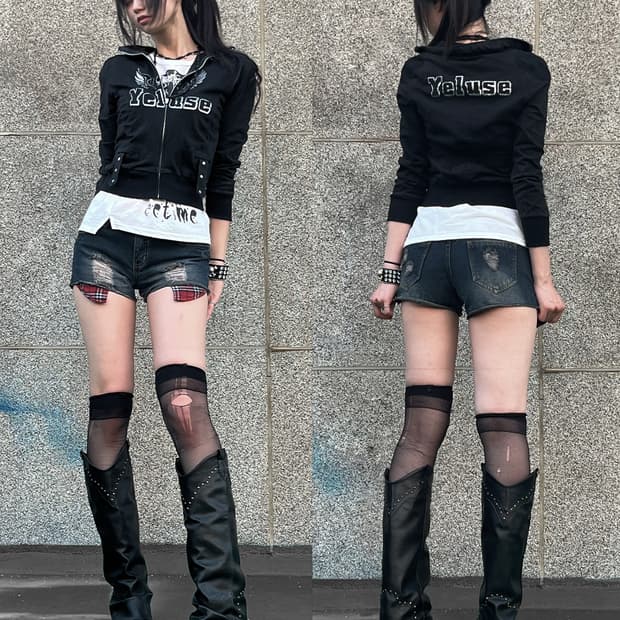 00's Punk Wing Printing Cropped Zip-up