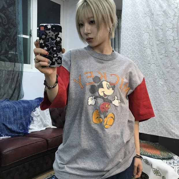 디즈니 미키마우스 USA 프린팅 배색 반팔 티