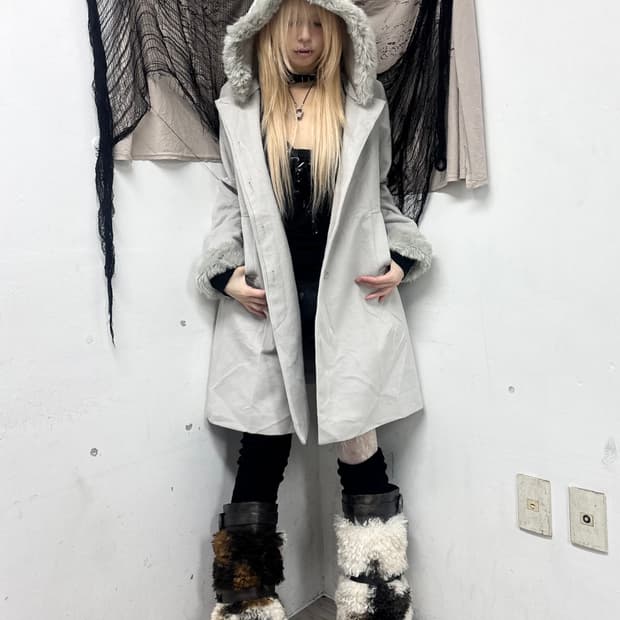 Grey Fur Hoodie Long Coat