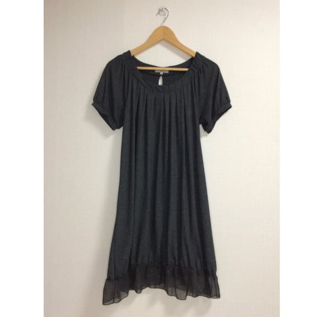 빈티지 차콜 쉬폰 레이어드 백 리본 반팔 원피스 튜닉