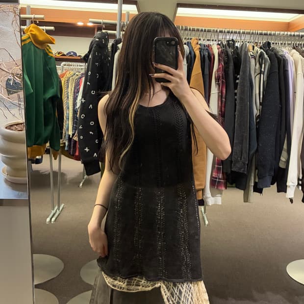 2)Japanese vintage 여성 블랙 그물 니트 나시 원피스