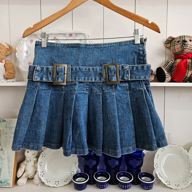 데님 벨트 플리츠 미니스커트