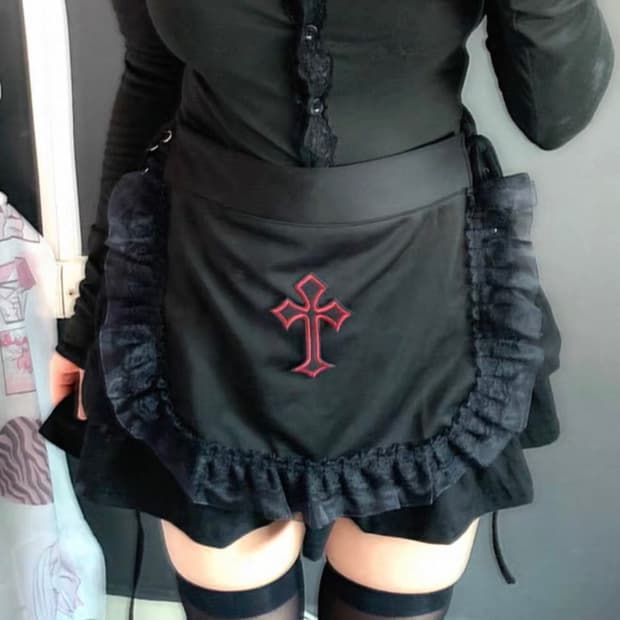 고딕 십자가 프릴 앞치마 스커트 블랙 빈티지 고스로리 공겜여주