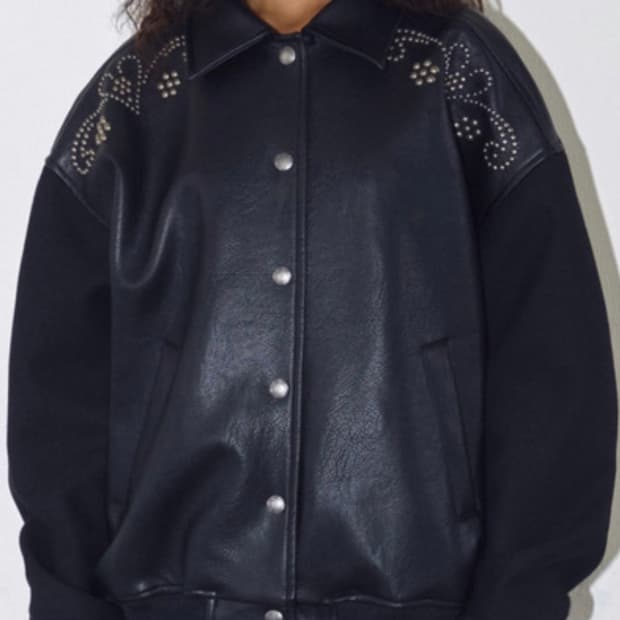 폴리수엠 가죽 바시티 자켓