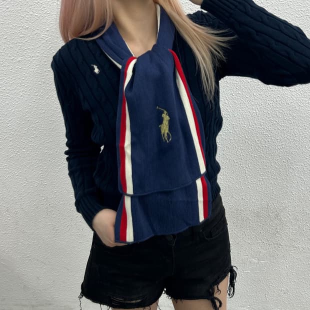폴로 랄프로렌 빅포니 배색 네이비 니트 머플러