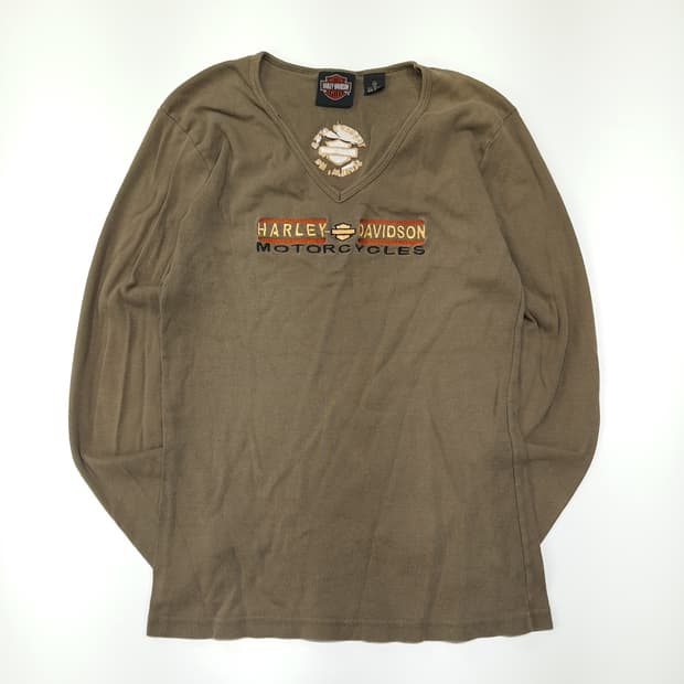 CL564 M 할리데이비슨 00s  미국판 브라운 브이넥 티셔츠