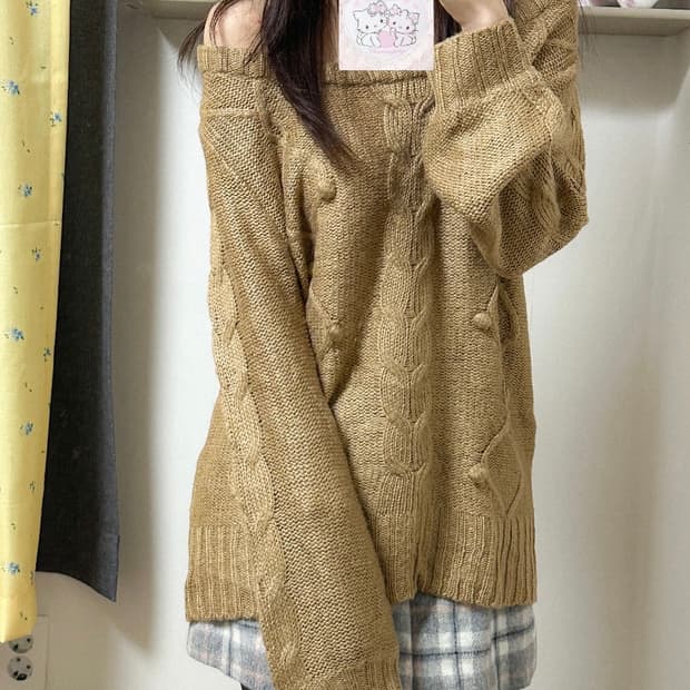 빈티지 브라운 라떼 폼폼이 오프숄더 니트 히메갸루 로걀 모리걸 헤이세이
