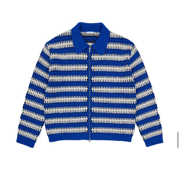 에스티유 스트라이프 카라 집업 스웨터 블루 (새상품)