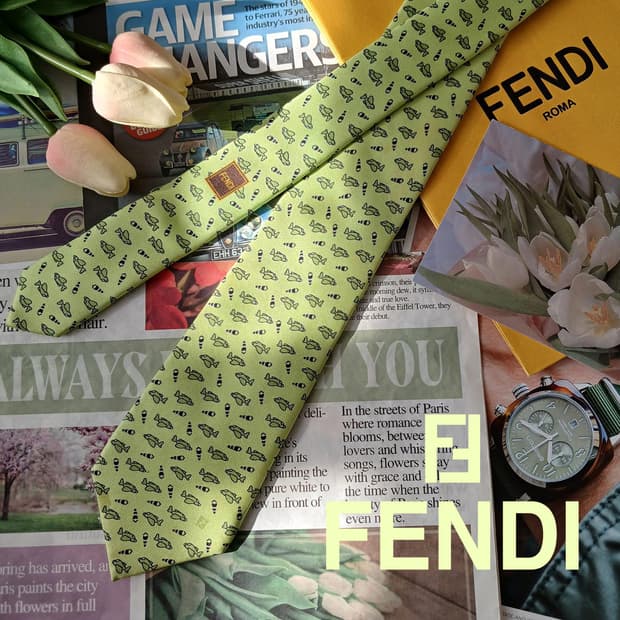 펜디 실크 그린 비행기 패턴 슬림 넥타이 7.8cm B등급 A19597
