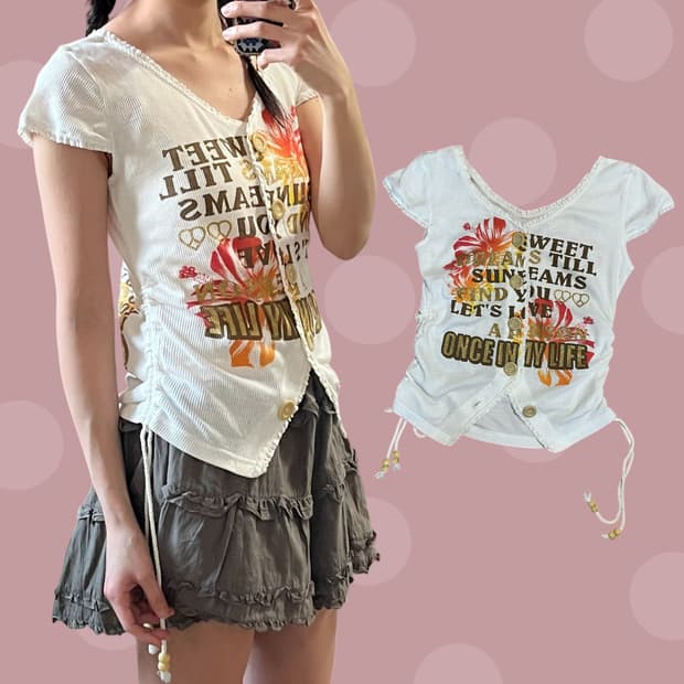 빈티지 트로피컬 프린팅 레이스 블라우스