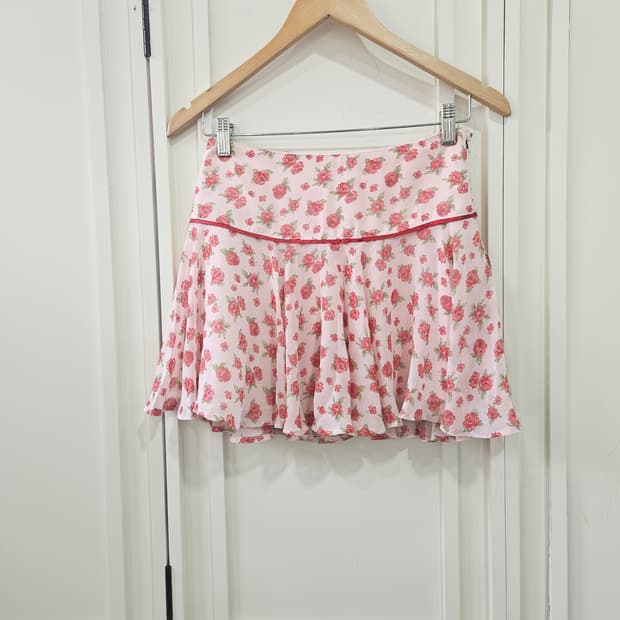 플라워 핑크 쉬폰 플레어 스커트