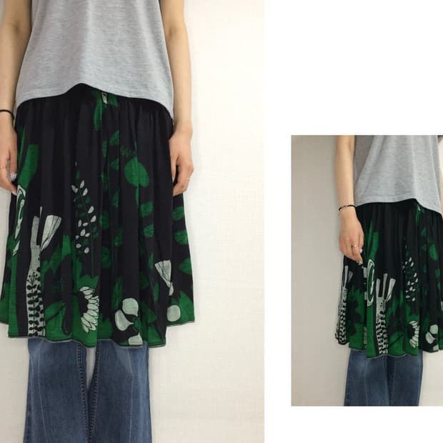 츠모리 치사토 블랙 그린 플라워 밴딩 스커트