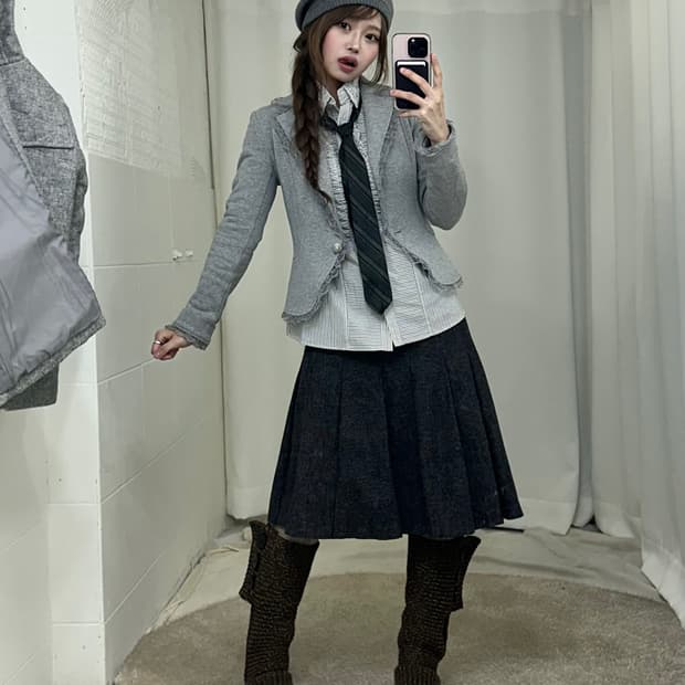 그레이 니혼진 프레피 딱붙 레이스 블레이저 코디세트