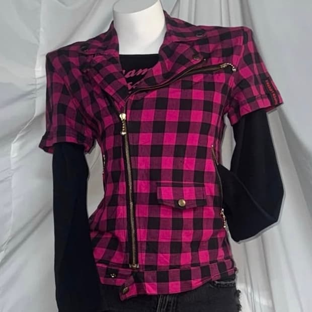 펑크 키치 핑크 블랙 체크 숏재킷 반팔