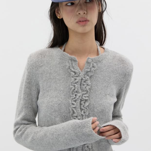 미치코런던 러플 울 니트 가디건 세트 멜란지 그레이