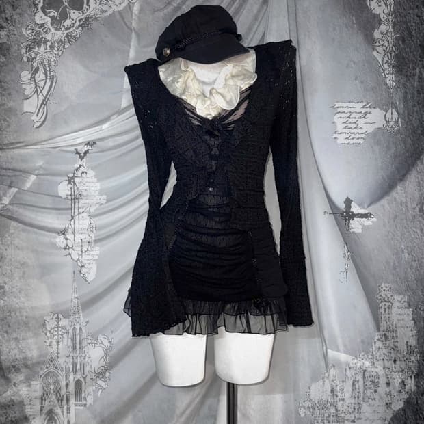 무채색 셔링 공겜여주 십자가 리본 코디세트 