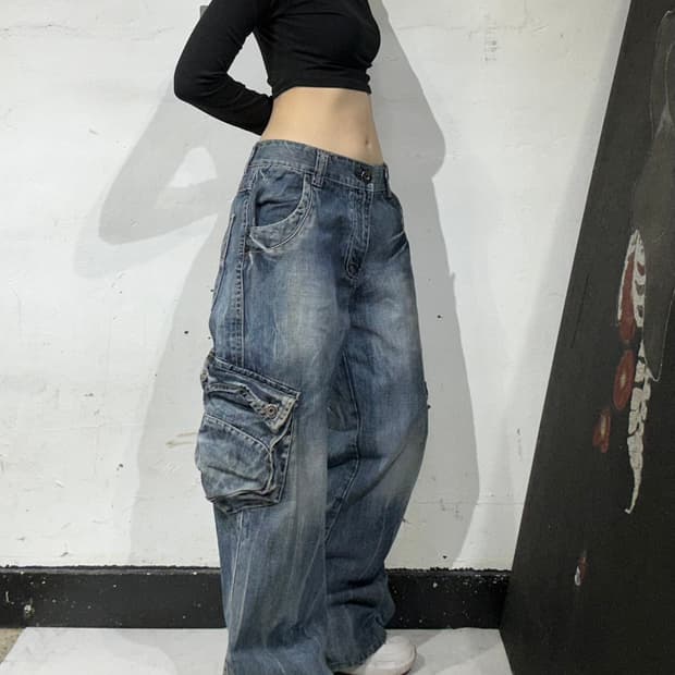 빈티지 진청 대대장 와이드 데님 카고 팬츠 청바지 