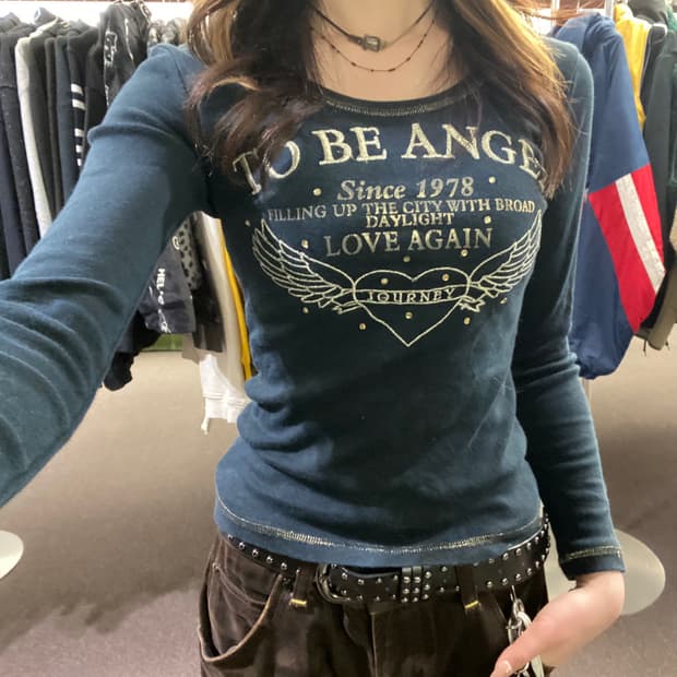 M)Japanese vintage 여성 자수 레터링 롱슬리브