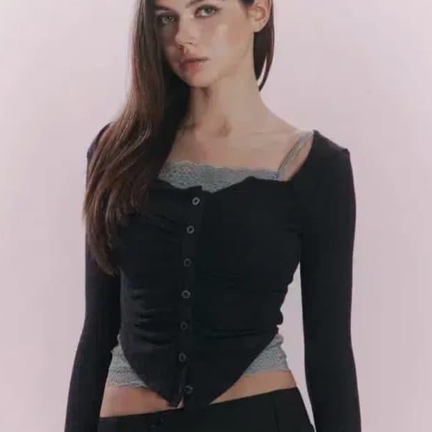 플리즈노팔로우 플노팔 카야 버튼 롱 슬리브 탑 멜란지 차콜