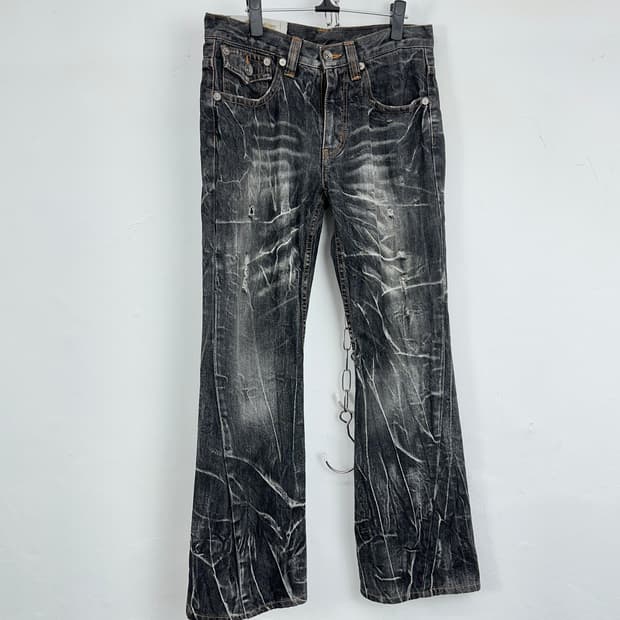 Distressed Acid-Wash Grunge Flare Denim